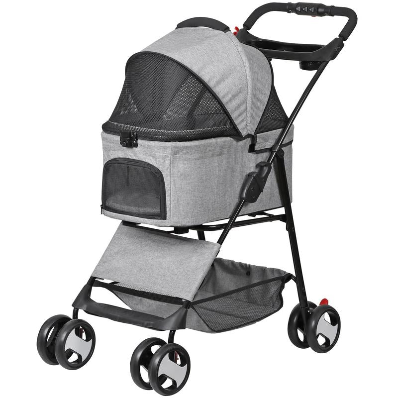 NOVA 4-Wheel 3-in-1 Foldable Pet Stroller with Detachable Carrier - Perfect for Small Dogs & Cats, Includes Storage Basket & Cup Holder - Stylish Gray Design