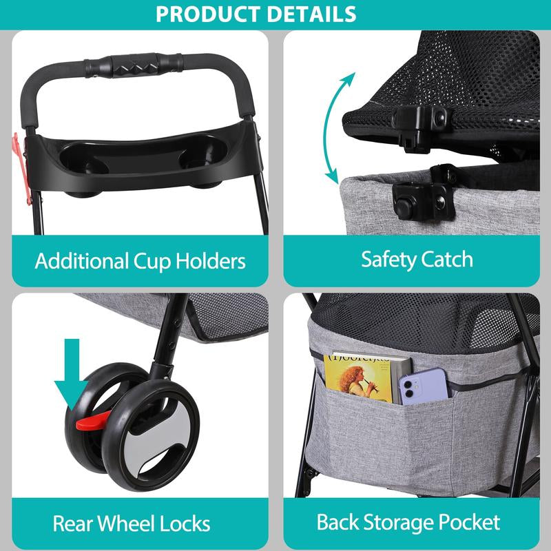 NOVA 4-Wheel 3-in-1 Foldable Pet Stroller with Detachable Carrier - Perfect for Small Dogs & Cats, Includes Storage Basket & Cup Holder - Stylish Gray Design