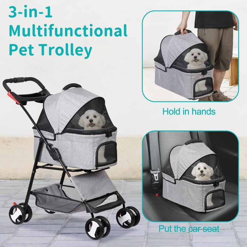 NOVA 4-Wheel 3-in-1 Foldable Pet Stroller with Detachable Carrier - Perfect for Small Dogs & Cats, Includes Storage Basket & Cup Holder - Stylish Gray Design