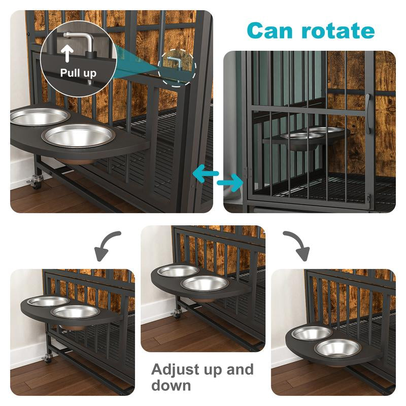 Furnihaven Stylish Modern Dog Kennel with Removable Tray, Double Doors, Lift Panel & Adjustable Feeding Bowls for Dogs up to 80 LB