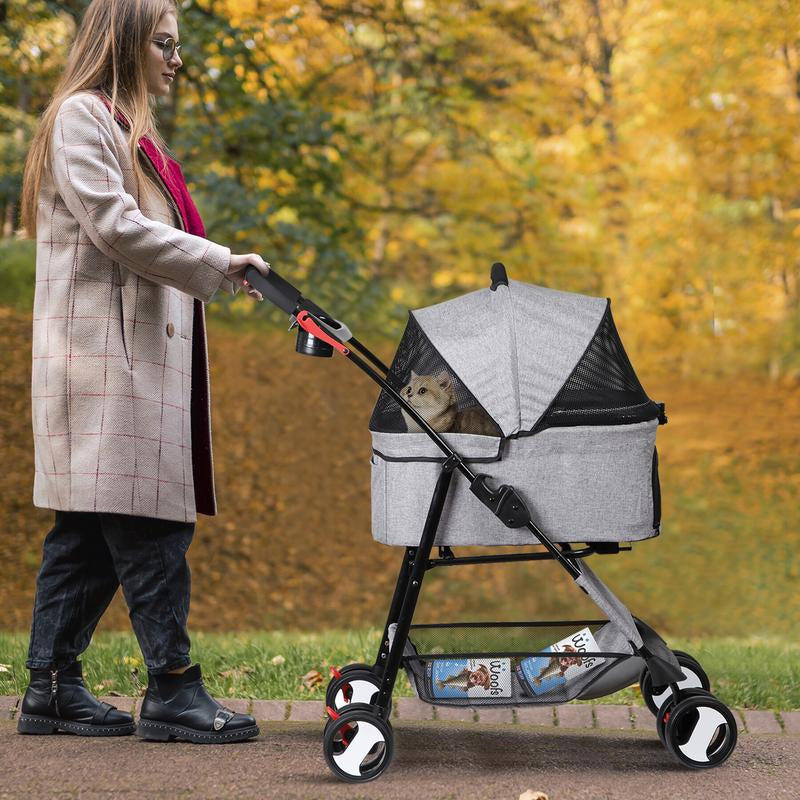 NOVA 4-Wheel 3-in-1 Foldable Pet Stroller with Detachable Carrier - Perfect for Small Dogs & Cats, Includes Storage Basket & Cup Holder - Stylish Gray Design