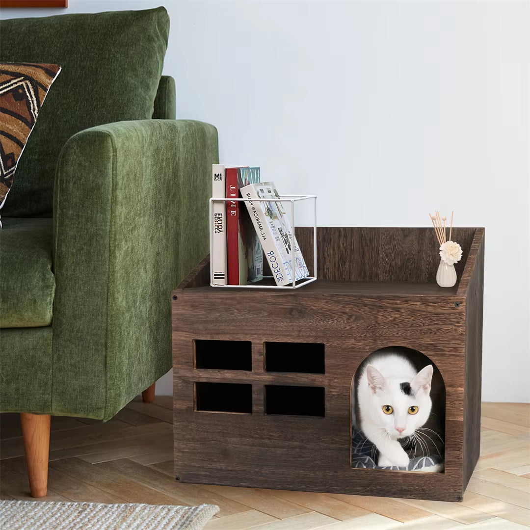 Wooden Cat Cave Bed with Cushion Pad and Litter Box for Indoor Cats