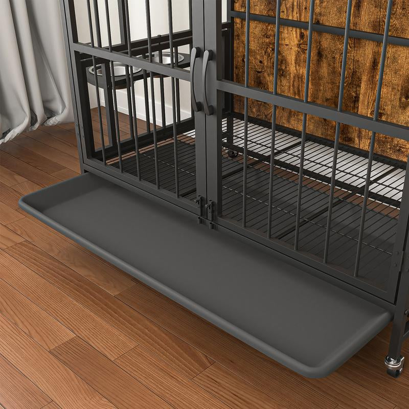 Furnihaven Stylish Modern Dog Kennel with Removable Tray, Double Doors, Lift Panel & Adjustable Feeding Bowls for Dogs up to 80 LB
