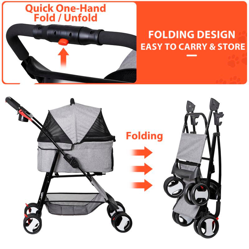NOVA 4-Wheel 3-in-1 Foldable Pet Stroller with Detachable Carrier - Perfect for Small Dogs & Cats, Includes Storage Basket & Cup Holder - Stylish Gray Design