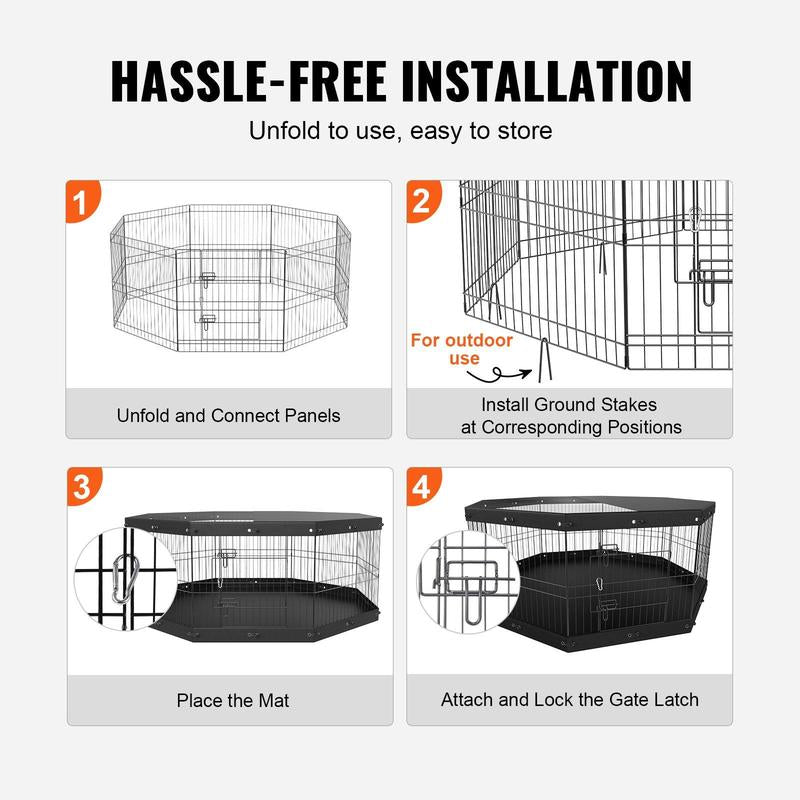VEVOR 8-Panel Foldable Metal Dog Playpen with Top Cover & Bottom Pad - 24" High Indoor/Outdoor Pet Fence for Small to Medium Dogs - Ideal for Camping & Yard Use