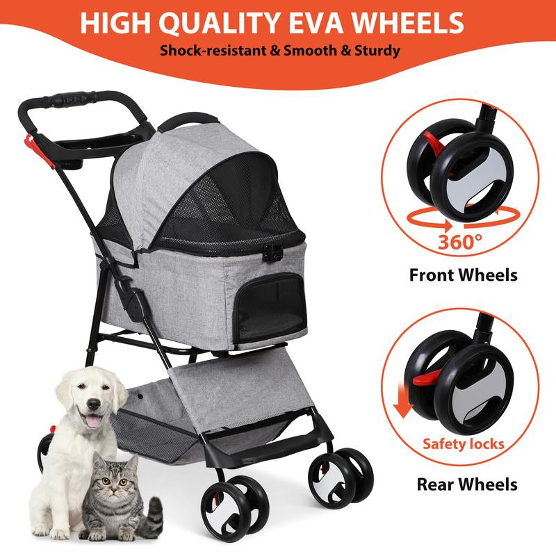 NOVA 4-Wheel 3-in-1 Foldable Pet Stroller with Detachable Carrier - Perfect for Small Dogs & Cats, Includes Storage Basket & Cup Holder - Stylish Gray Design