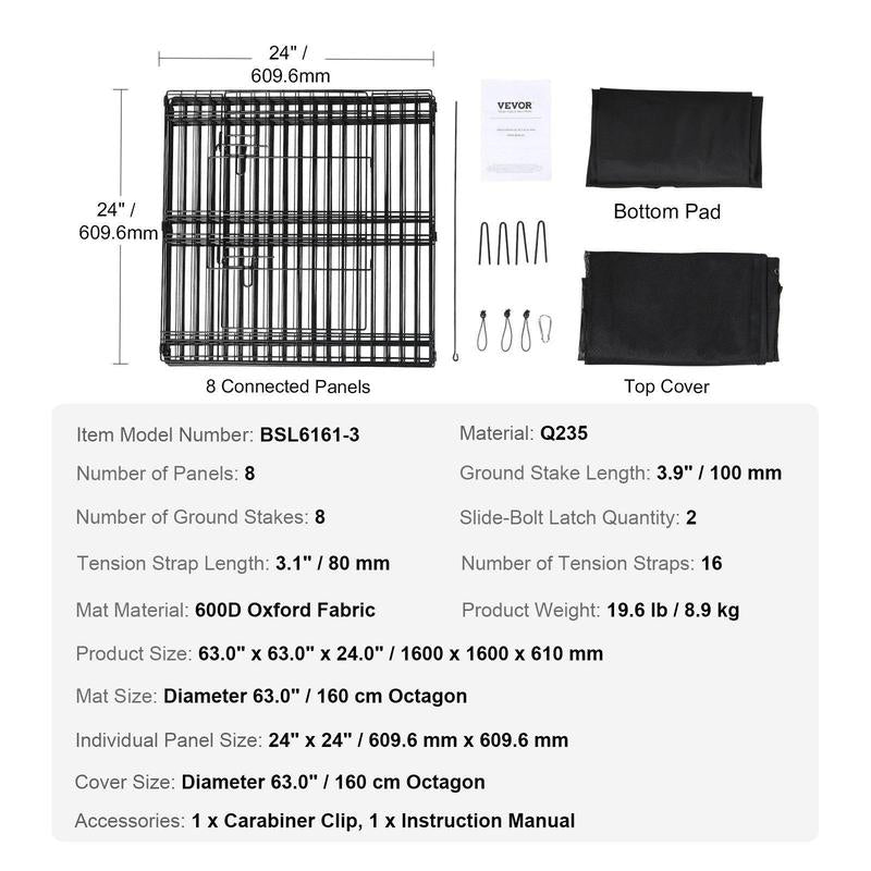 VEVOR 8-Panel Foldable Metal Dog Playpen with Top Cover & Bottom Pad - 24" High Indoor/Outdoor Pet Fence for Small to Medium Dogs - Ideal for Camping & Yard Use