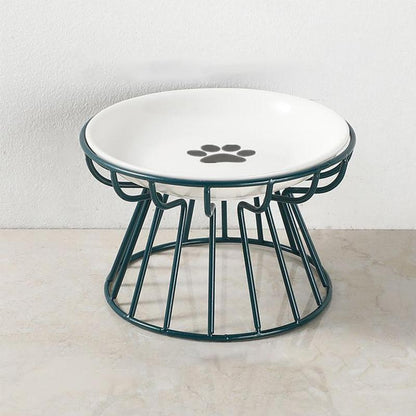 Stylish Raised Cat Bowl Set with Fishbone & Paw Design - Ceramic Bowls on Iron Stand for Cats and Dogs