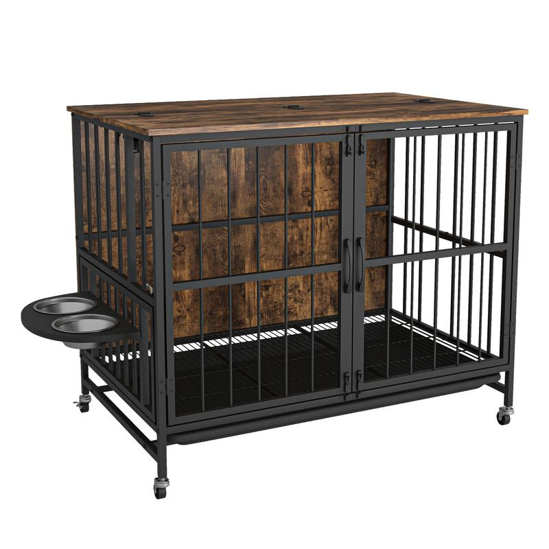 Furnihaven Stylish Modern Dog Kennel with Removable Tray, Double Doors, Lift Panel & Adjustable Feeding Bowls for Dogs up to 80 LB