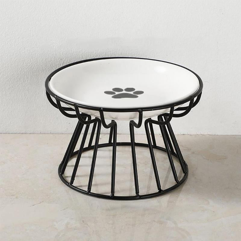 Stylish Raised Cat Bowl Set with Fishbone & Paw Design - Ceramic Bowls on Iron Stand for Cats and Dogs