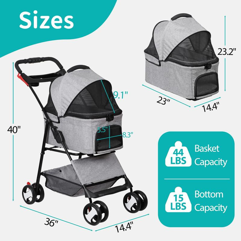 NOVA 4-Wheel 3-in-1 Foldable Pet Stroller with Detachable Carrier - Perfect for Small Dogs & Cats, Includes Storage Basket & Cup Holder - Stylish Gray Design