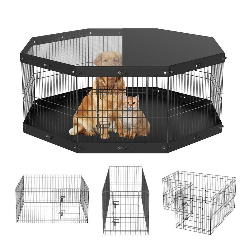 VEVOR 8-Panel Foldable Metal Dog Playpen with Top Cover & Bottom Pad - 24" High Indoor/Outdoor Pet Fence for Small to Medium Dogs - Ideal for Camping & Yard Use