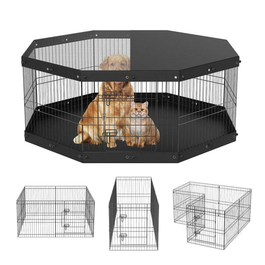 VEVOR 8-Panel Foldable Metal Dog Playpen with Top Cover & Bottom Pad - 24" High Indoor/Outdoor Pet Fence for Small to Medium Dogs - Ideal for Camping & Yard Use