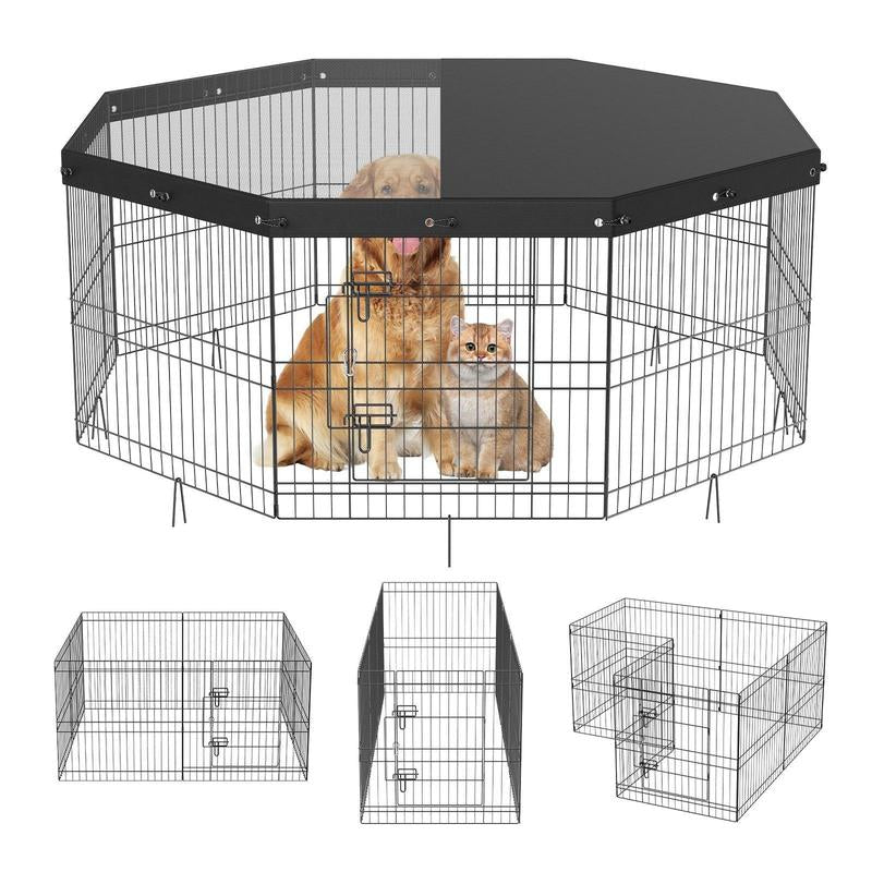 VEVOR 8-Panel Foldable Metal Dog Playpen with Top Cover & Bottom Pad - 24" High Indoor/Outdoor Pet Fence for Small to Medium Dogs - Ideal for Camping & Yard Use