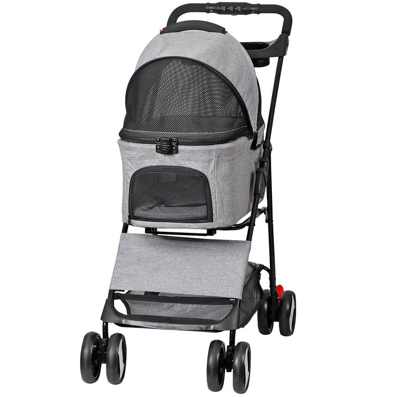 NOVA 4-Wheel 3-in-1 Foldable Pet Stroller with Detachable Carrier - Perfect for Small Dogs & Cats, Includes Storage Basket & Cup Holder - Stylish Gray Design