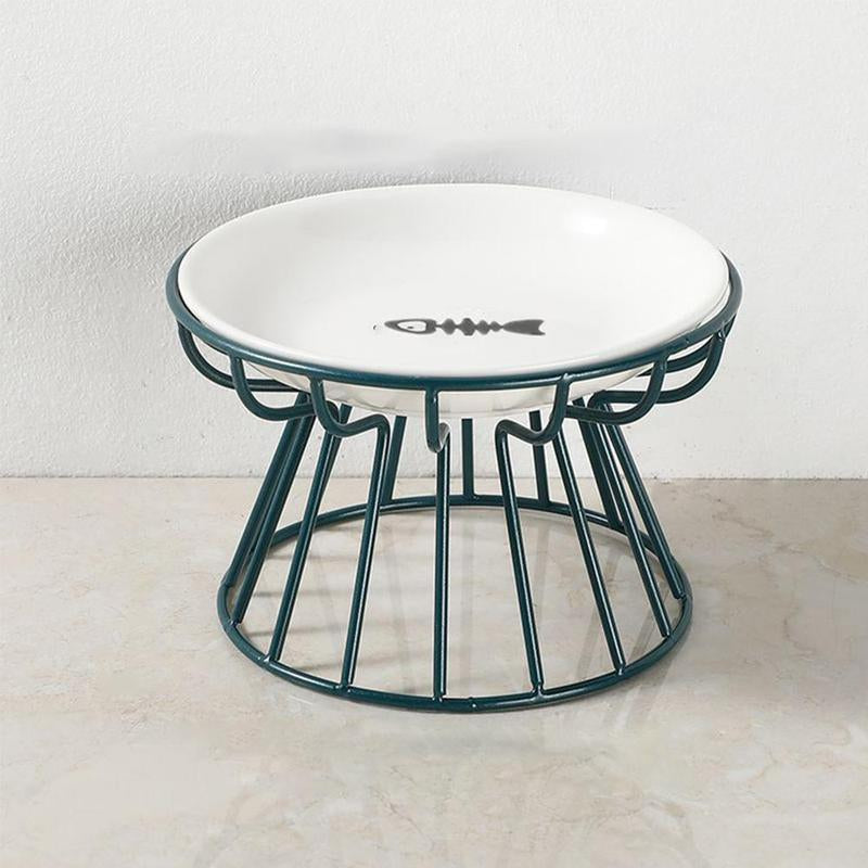 Stylish Raised Cat Bowl Set with Fishbone & Paw Design - Ceramic Bowls on Iron Stand for Cats and Dogs
