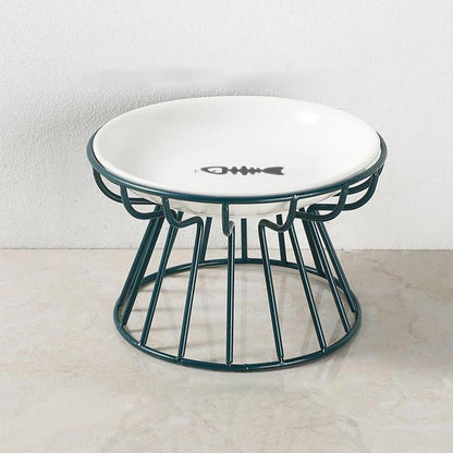 Stylish Raised Cat Bowl Set with Fishbone & Paw Design - Ceramic Bowls on Iron Stand for Cats and Dogs