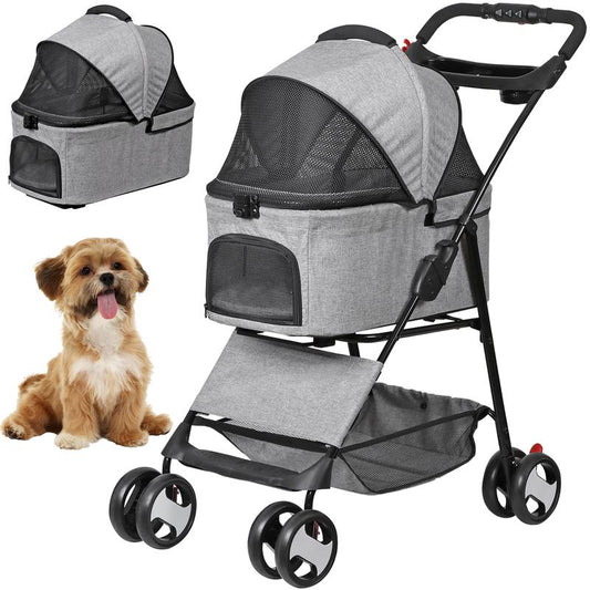 NOVA 4-Wheel 3-in-1 Foldable Pet Stroller with Detachable Carrier - Perfect for Small Dogs & Cats, Includes Storage Basket & Cup Holder - Stylish Gray Design