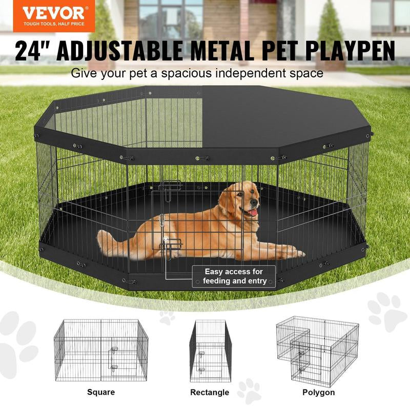 VEVOR 8-Panel Foldable Metal Dog Playpen with Top Cover & Bottom Pad - 24" High Indoor/Outdoor Pet Fence for Small to Medium Dogs - Ideal for Camping & Yard Use