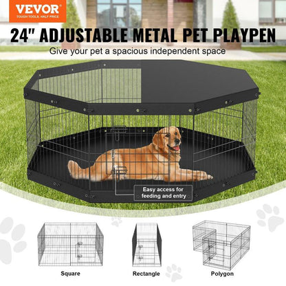 VEVOR 8-Panel Foldable Metal Dog Playpen with Top Cover & Bottom Pad - 24" High Indoor/Outdoor Pet Fence for Small to Medium Dogs - Ideal for Camping & Yard Use