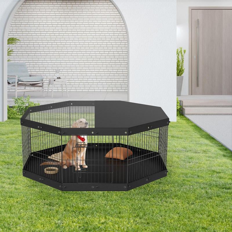 VEVOR 8-Panel Foldable Metal Dog Playpen with Top Cover & Bottom Pad - 24" High Indoor/Outdoor Pet Fence for Small to Medium Dogs - Ideal for Camping & Yard Use