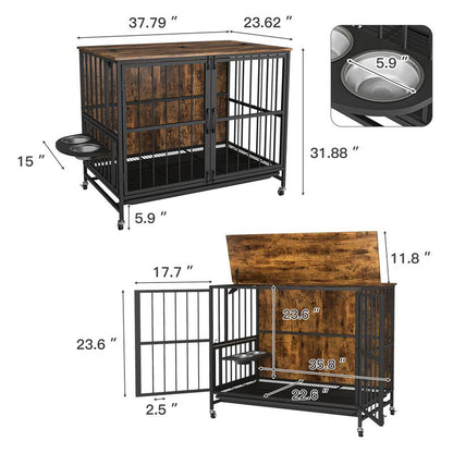 Furnihaven Stylish Modern Dog Kennel with Removable Tray, Double Doors, Lift Panel & Adjustable Feeding Bowls for Dogs up to 80 LB