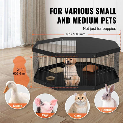 VEVOR 8-Panel Foldable Metal Dog Playpen with Top Cover & Bottom Pad - 24" High Indoor/Outdoor Pet Fence for Small to Medium Dogs - Ideal for Camping & Yard Use