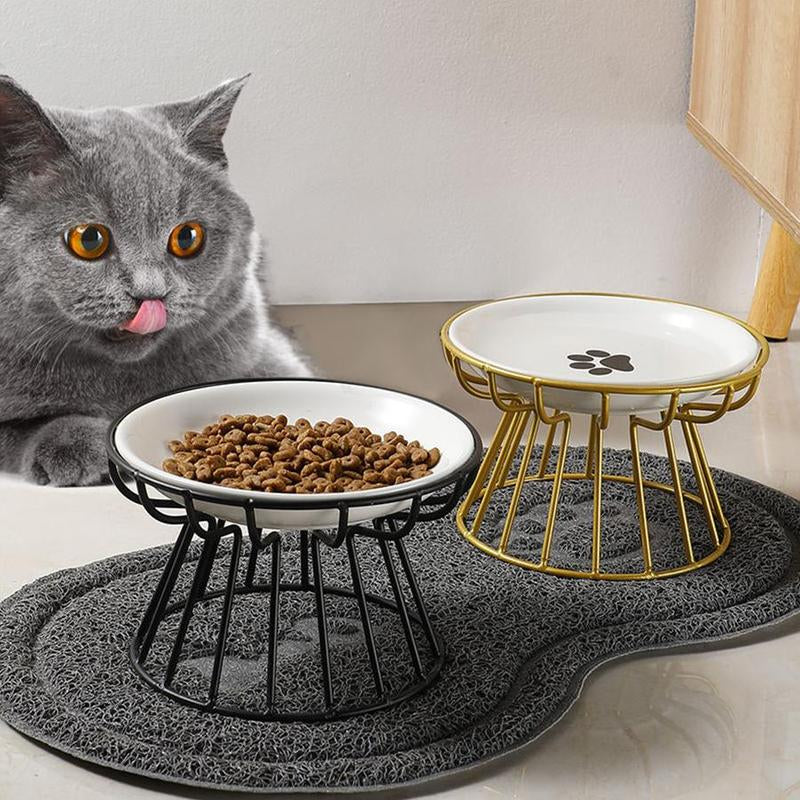 Stylish Raised Cat Bowl Set with Fishbone & Paw Design - Ceramic Bowls on Iron Stand for Cats and Dogs