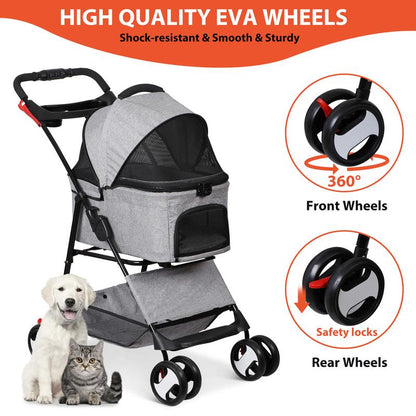 NOVA 4-Wheel 3-in-1 Foldable Pet Stroller with Detachable Carrier - Perfect for Small Dogs & Cats, Includes Storage Basket & Cup Holder - Stylish Gray Design