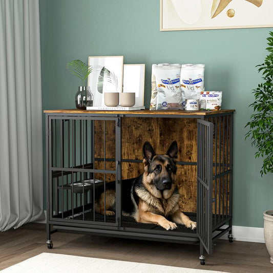 Furnihaven Stylish Modern Dog Kennel with Removable Tray, Double Doors, Lift Panel & Adjustable Feeding Bowls for Dogs up to 80 LB